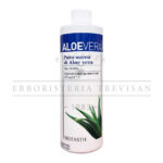 Bioearth Aloe Vera juice 500ml. White bottle with blue label. Close-up shot showcasing the aloe vera plant graphic. Natural supplement.