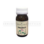 Dinamico for abdominal bloating and tension. Bottle close-up, white cap, visible contents, floral label. Digestive support, natural remedy.