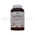 Zeolite clinoptilolite supplement bottle, featuring a white label with molecule graphic and brown capsule container.