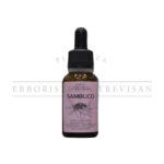 Sambuco gocce 20ml bottle, close-up. Herbal extract with black dropper and light pink label featuring elderflower illustrations.