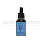 Timo gocce 20ml bottle. Blue label with an illustration of thyme. Dark glass bottle with black dropper. Herbal supplement.