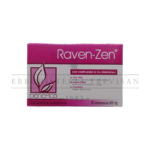 Raven-Zen compresse box, dietary supplement for seasonal ailments. Contains tea tree, ravintsara, and ginger essential oils. Box is pink and white.