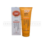 Bioearth Crema Solare SPF 50+ water resistant: tube and box, high protection sunscreen with organic ingredients for sensitive skin.